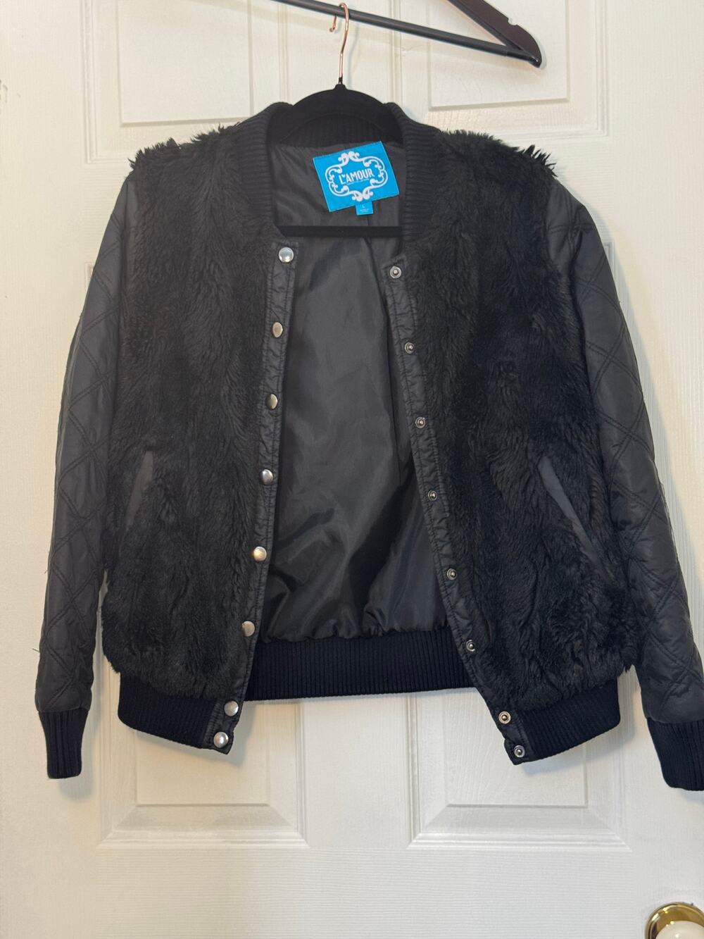 L’Amour by Nanette Lepore Girls Quilted Faux Fur Bomber Jacket Black